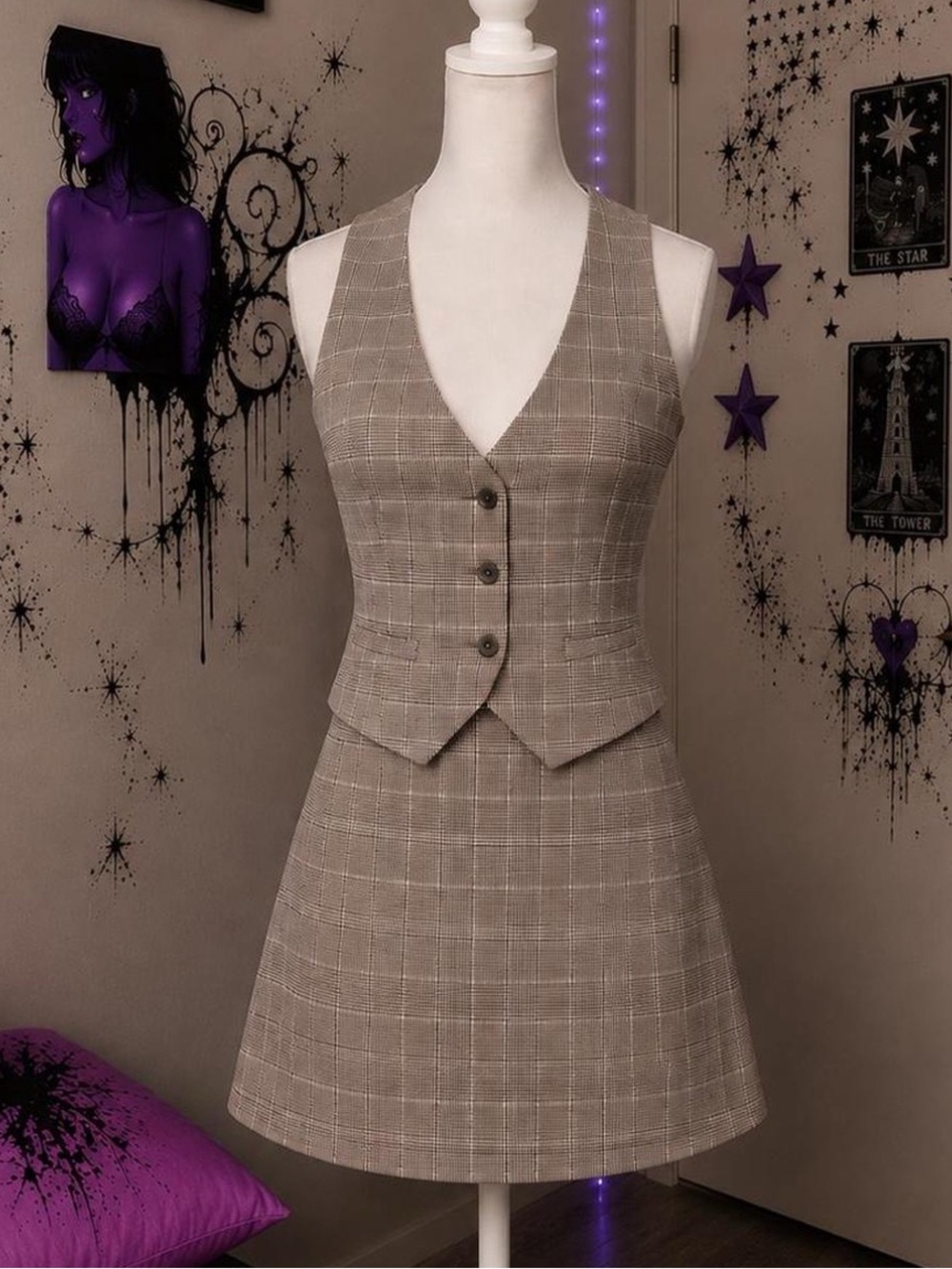 Plaid Two-Piece Vest and Skirt Set - Taupe Plaid